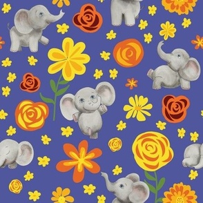Cute baby elephants and bright happy flowers on blue fabric
