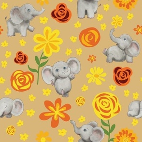 Cute elephants design with flowers 12x12x300Honey-01