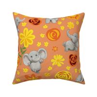 Cute baby elephants and bright happy floral design on Apricot crush for cutest kids sheets