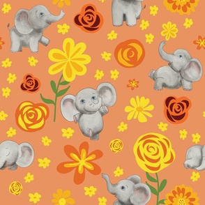 Cute baby elephants and bright happy floral design on Apricot crush for cutest kids sheets