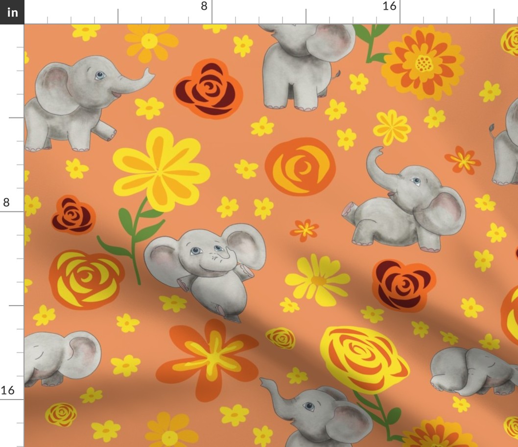 Cute baby elephants and bright happy floral design on Apricot crush for cutest kids sheets