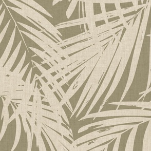 palm leaves - vintage olive JUMBO linen texture 