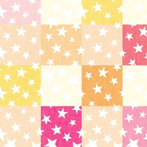 Modern Festive Christmas stars on pink and gold ginger checkerboard check linen texture