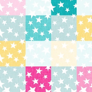 Modern Festive Christmas stars on green and pink checkerboard check linen texture