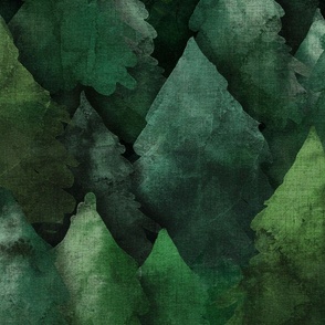 Large scale watercolour forest in evergreen woodland green tones