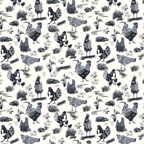 Chicken Toile- French Country Farm- Roosters Hen and Chicks on Pasture- Charcoal Black on Ivory- Regular Scale