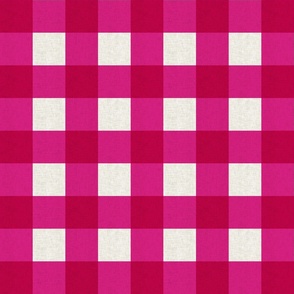 Medium scale rustic plaid check in cult classic Barbie pink with a vintage linen texture 