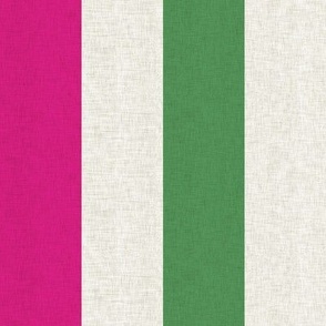 Medium scale Barbie pink and green stripe on a white background with a vintage linen texture