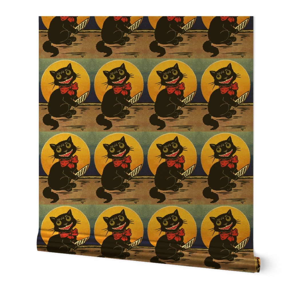 Halloween black cats red bow big sharp teeth monster scary spooky demon night moon singing blue yellow brown vintage retro kitsch  