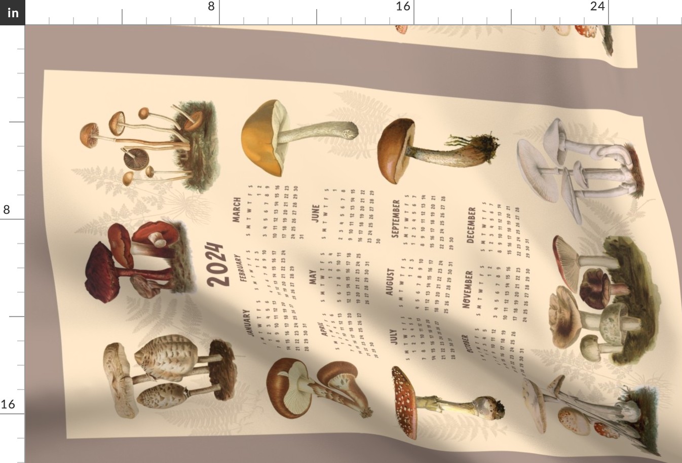 Vintage mushroom calendar 2024 wall hanging, tea towel