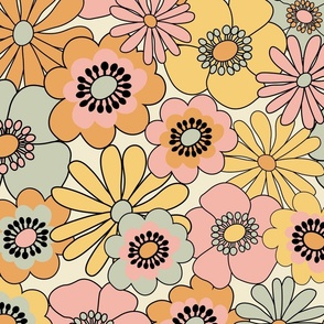 70s Pastel Floral Sunshine - Pink + Yellow + Blue - JUMBO