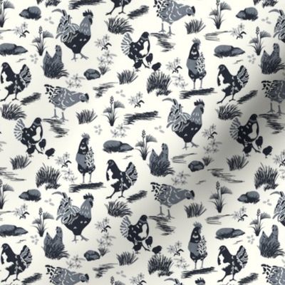 Chicken Toile- French Country Farm- Roosters Hen and Chicks on Pasture- Charcoal Black on Ivory- Small Scale