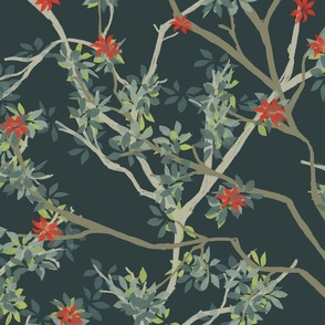 branches and leaves with red flowers on dark green - large scale