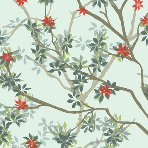 branches and leaves with red flowers on light green - large scale