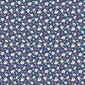 Small Apple Blossoms and Violets on Dark Navy Blue