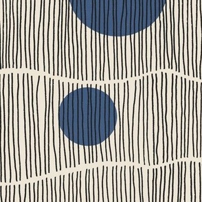 Large Curvy Wavy Lines with Block Printed Dark Blue Dots on Antique Cream