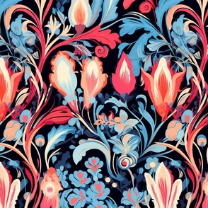 Retro Italian Designer Abstract Resort Blue and Red Floral