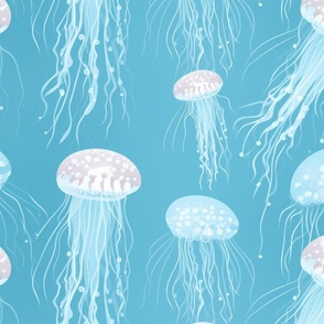 Palest Pink and White Jellyfish Look Transparent in Light Blue Water