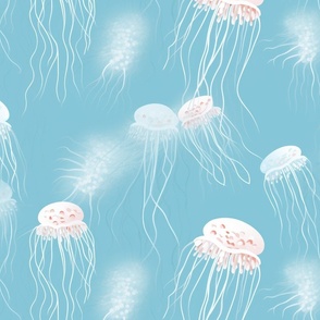 Palest Pink Translucent Look Jellyfish in Bright Ethereal Blue Water