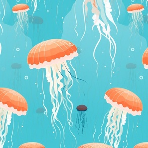 Retro Graphic Coral Pink Gouach Jellyfish in an Aqua Ocean