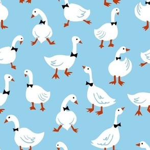 Baby Boy and Daddy Geese with Bowl and Red Legs, Cute Gentlemen Goose Pattern on Blue for Baby Shower Party 