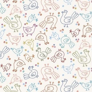 Small scale Hand drawn back to basics medium small scale multicolor linework scandi naive chickens and hens in a floral meadow for kids bedroom decor, nursery wallpapers, cot sheets and cute baby apparel 