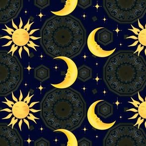 Sun,moon,half moon,stars,cosmic art,celestial,octagon 