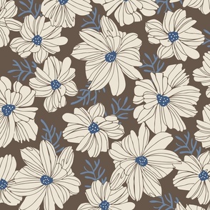 Autumn Cosmos Hand Drawn Tossed Flowers - 6 // Medium // Eggshell White Flowers on Brown Background