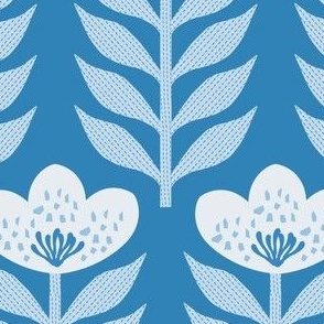 Scandinavian Inspired White Flowers on Blue for Wallpaper (Large)