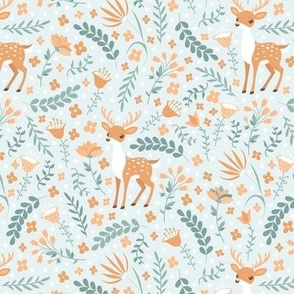 Cute deer and flowers. Blue pattern