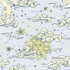 Sweet Skies Above - Sun Moon Clouds Constellation Pattern Large Scale
