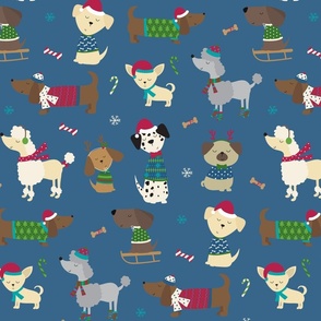 Cute Christmas Holiday Dog Pattern on Blue, Medium Scale