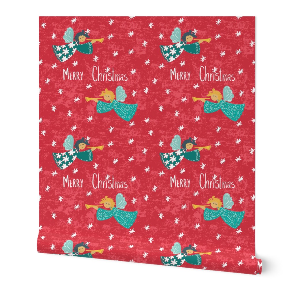 Cute christmas angels with trumpets on red and sea green for fabric or wallpaper. Large scale 