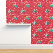 Cute christmas angels with trumpets on red and sea green for fabric or wallpaper. Large scale 