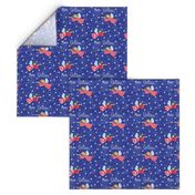 Cute christmas angels with trumpets on Red and blue for fabric or wallpaper. Large scale 