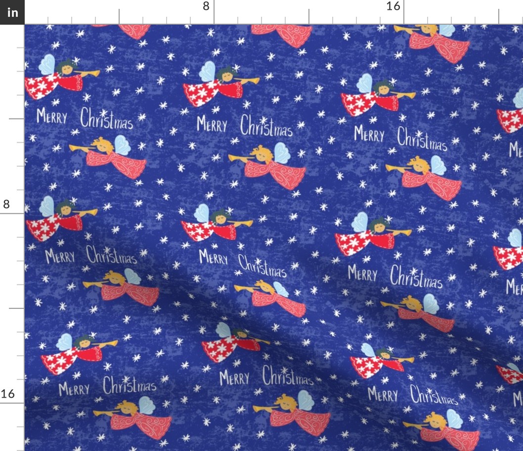 Cute christmas angels with trumpets on Red and blue for fabric or wallpaper. Large scale 