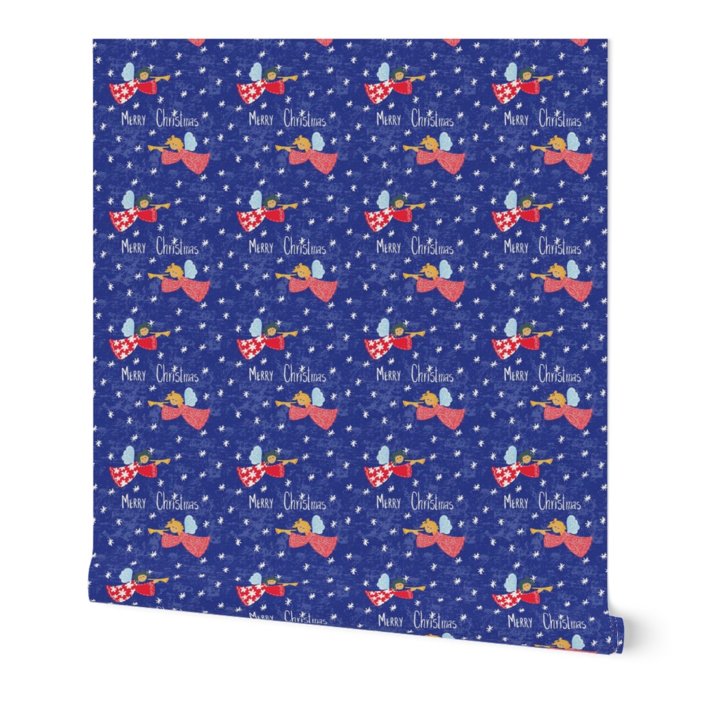 Cute christmas angels with trumpets on  red and blue for fabric or wallpaper. Small scale 