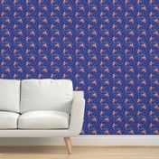 Cute christmas angels with trumpets on  red and blue for fabric or wallpaper. Small scale 