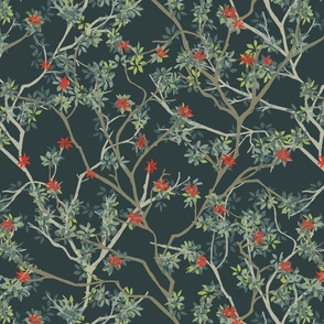 branches and leaves with red flowers on dark green - medium scale