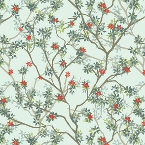 branches and leaves with red flowers on light green - medium scale