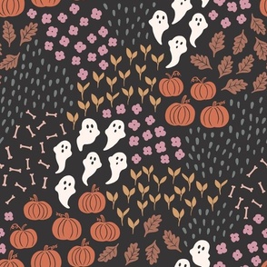 halloween scatter, ghosts, bones, pumpkins and leaves