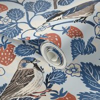 Strawberries and British Garden Birds - Blue, Red and Brown - Large Scale