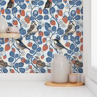 Strawberries and British Garden Birds - Blue, Red and Brown - Large Scale