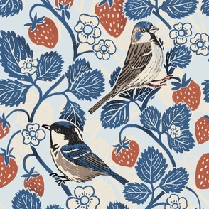Strawberries and British Garden Birds - Blue, Red and Brown - Large Scale