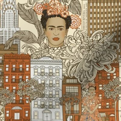 Inspired 1931 Frida Kahlo in New York in gold tones with pink