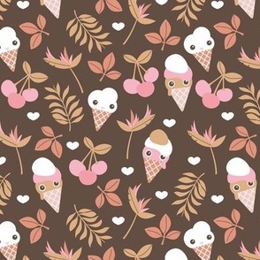 Cute kawaii ice cream flowers and cherry blossom leaves summer design vintage chocolate orange brown beige camel pink