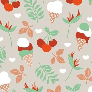 Summer ice-cream jungle leaves -  cherries flowers and leaves retro mid-century kids design red orange min beige on warm grey 