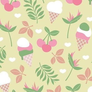 Summer ice-cream jungle leaves -  cherries flowers and leaves retro mid-century kids design pink tan jade green on soft lime 