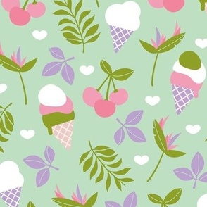 Summer ice-cream jungle leaves -  cherries flowers and leaves retro mid-century kids design pink lilac green mint 