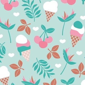 Summer ice-cream jungle leaves -  cherries flowers and leaves retro mid-century kids design pink aqua blue 
